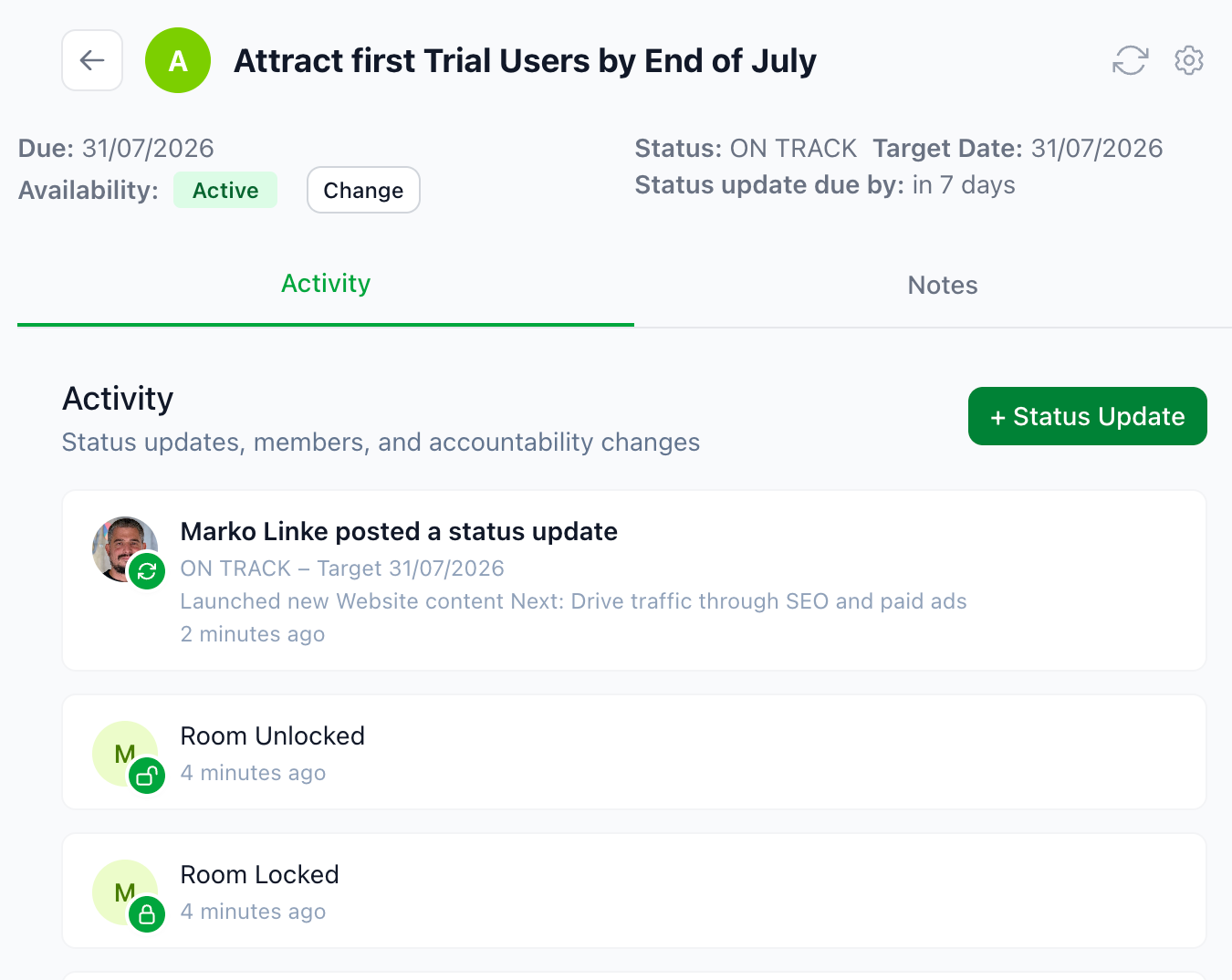 Lead-Grow Room details with status, target date and activity feed