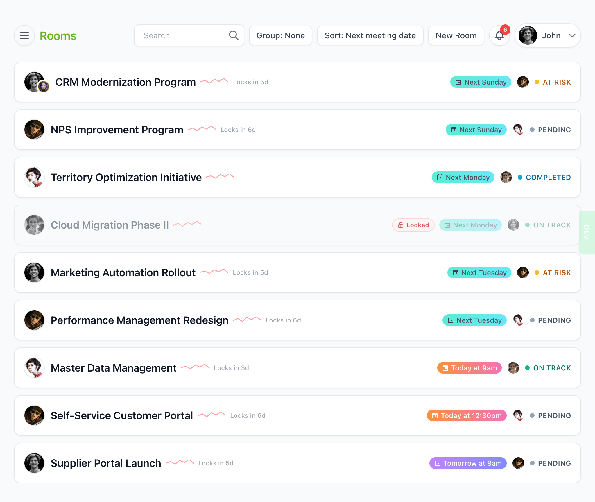 Lead-Grow Rooms status overview with health badges and lock timers