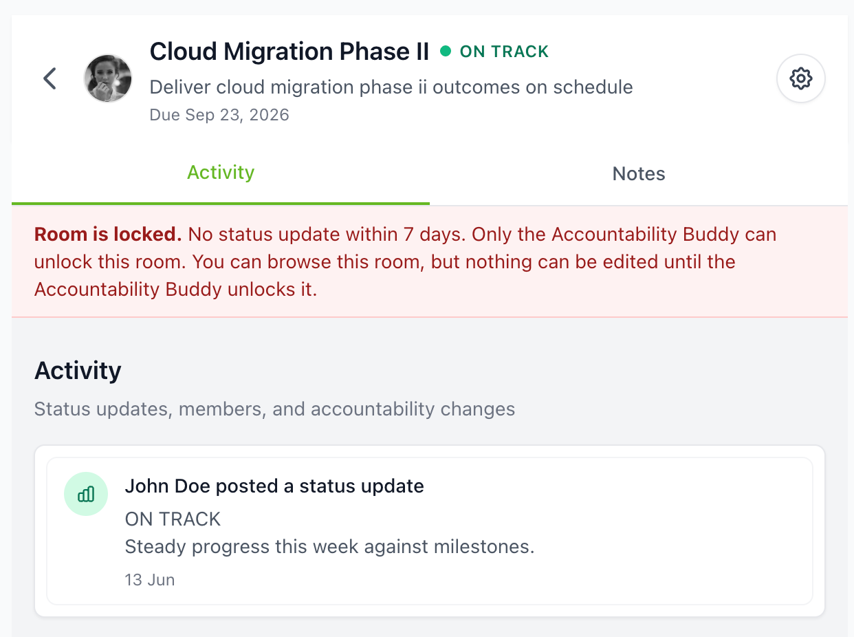 Lead-Grow Room locked because no status update was posted within seven days