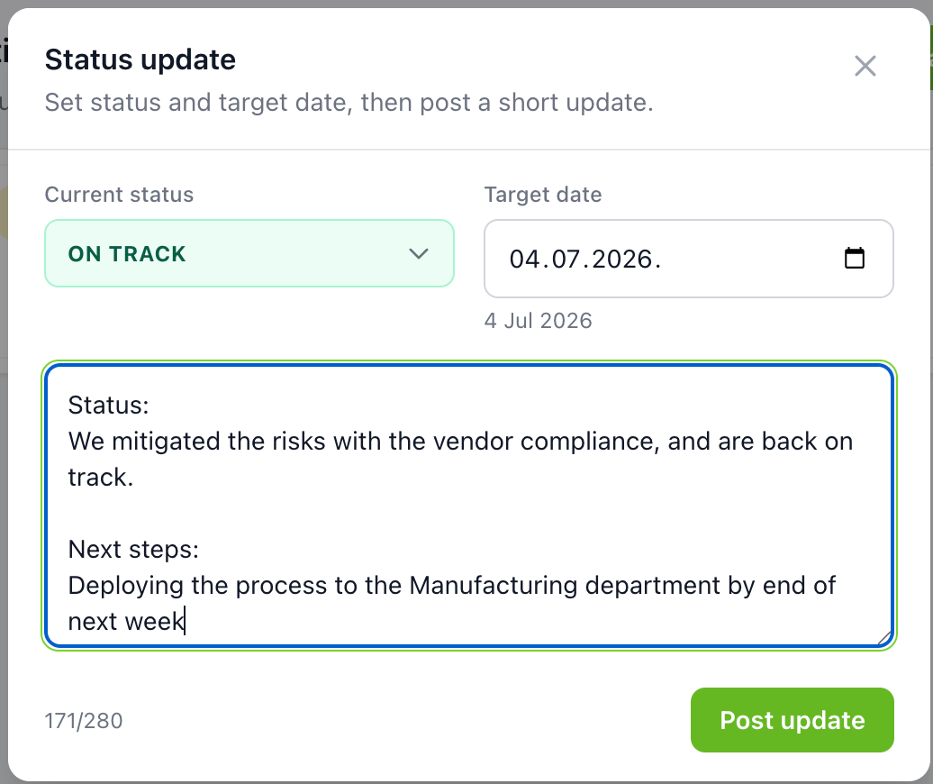 Lead-Grow status update dialog with status, target date and a short written update